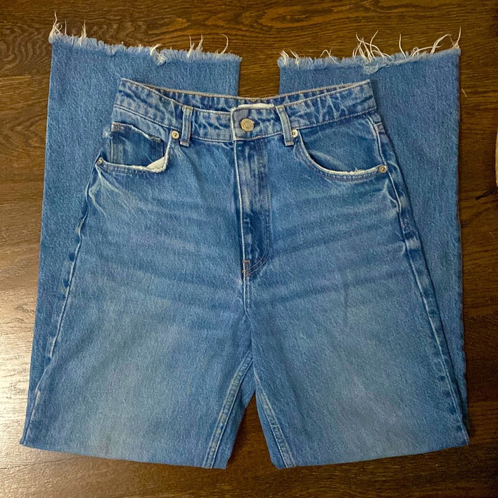 Zara Wide Leg Jeans 6 Raw Hem Full Length